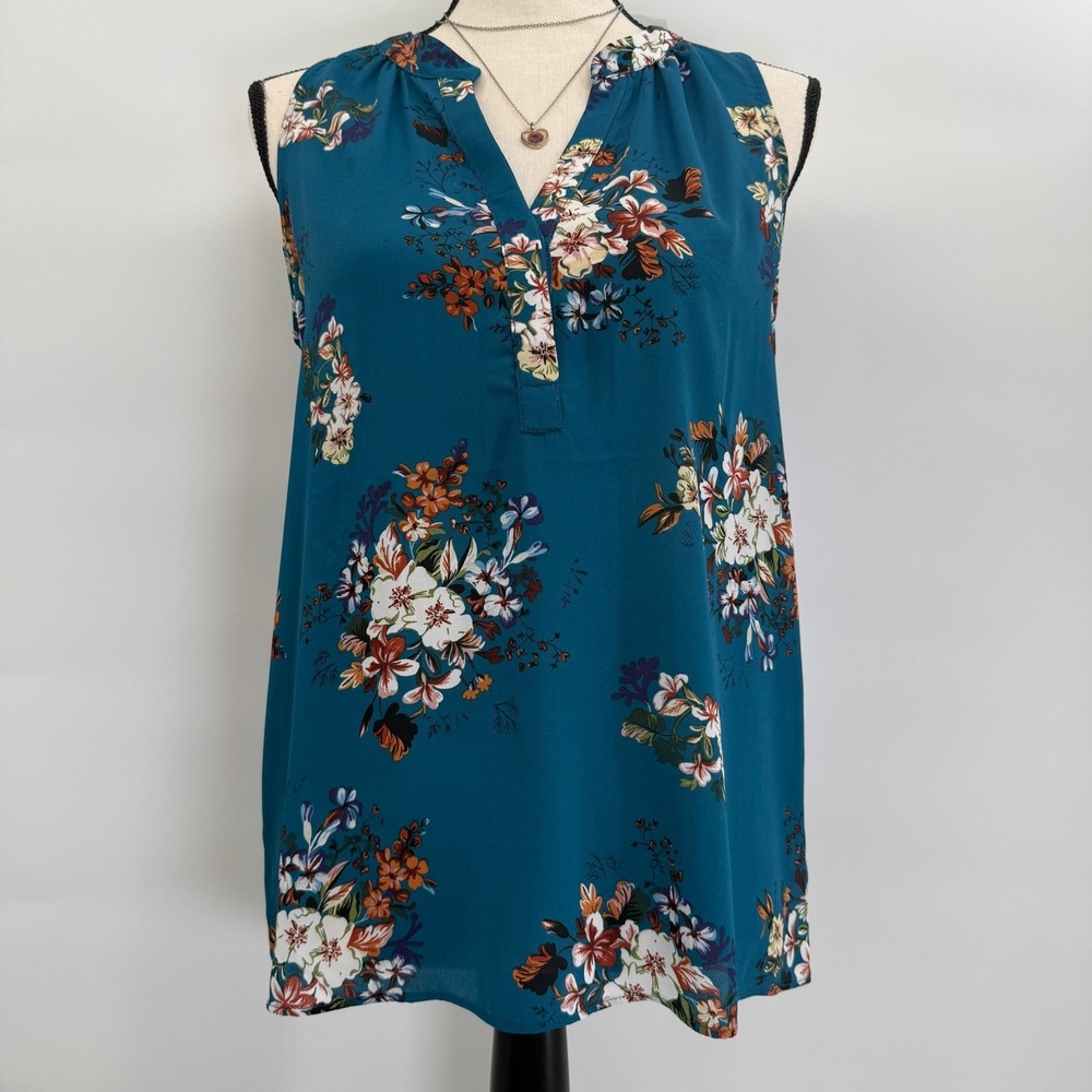 Alice Blue Simone Henley Blouse Teal Green Floral Sleeveless Top T96602 Small‎